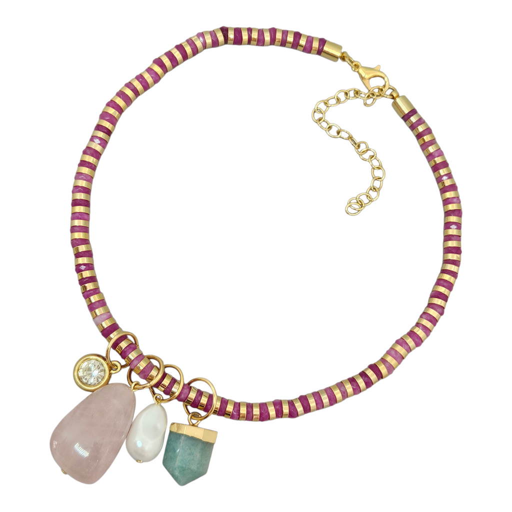 Colar Jade Rosa com Pingentes