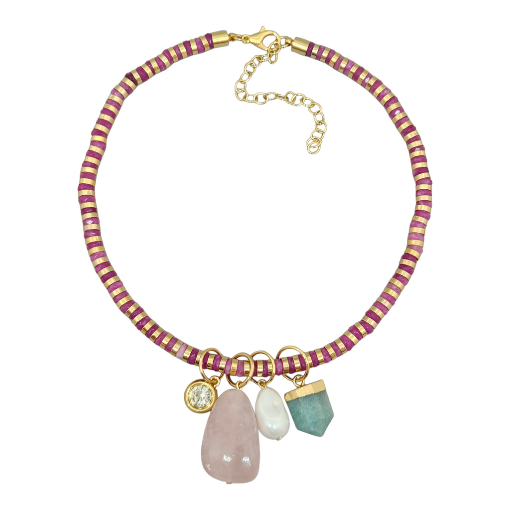 Colar Jade Rosa com Pingentes