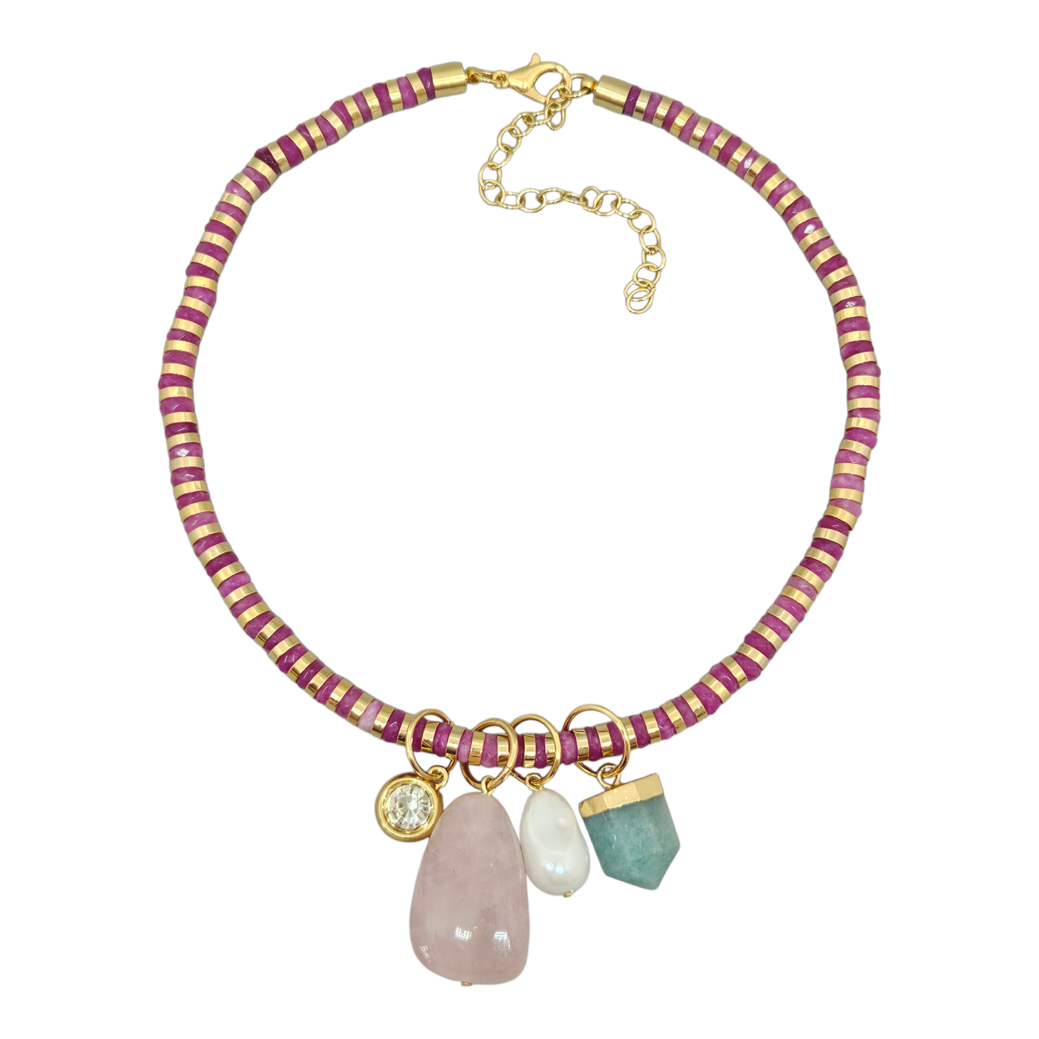 Colar Jade Rosa com Pingentes