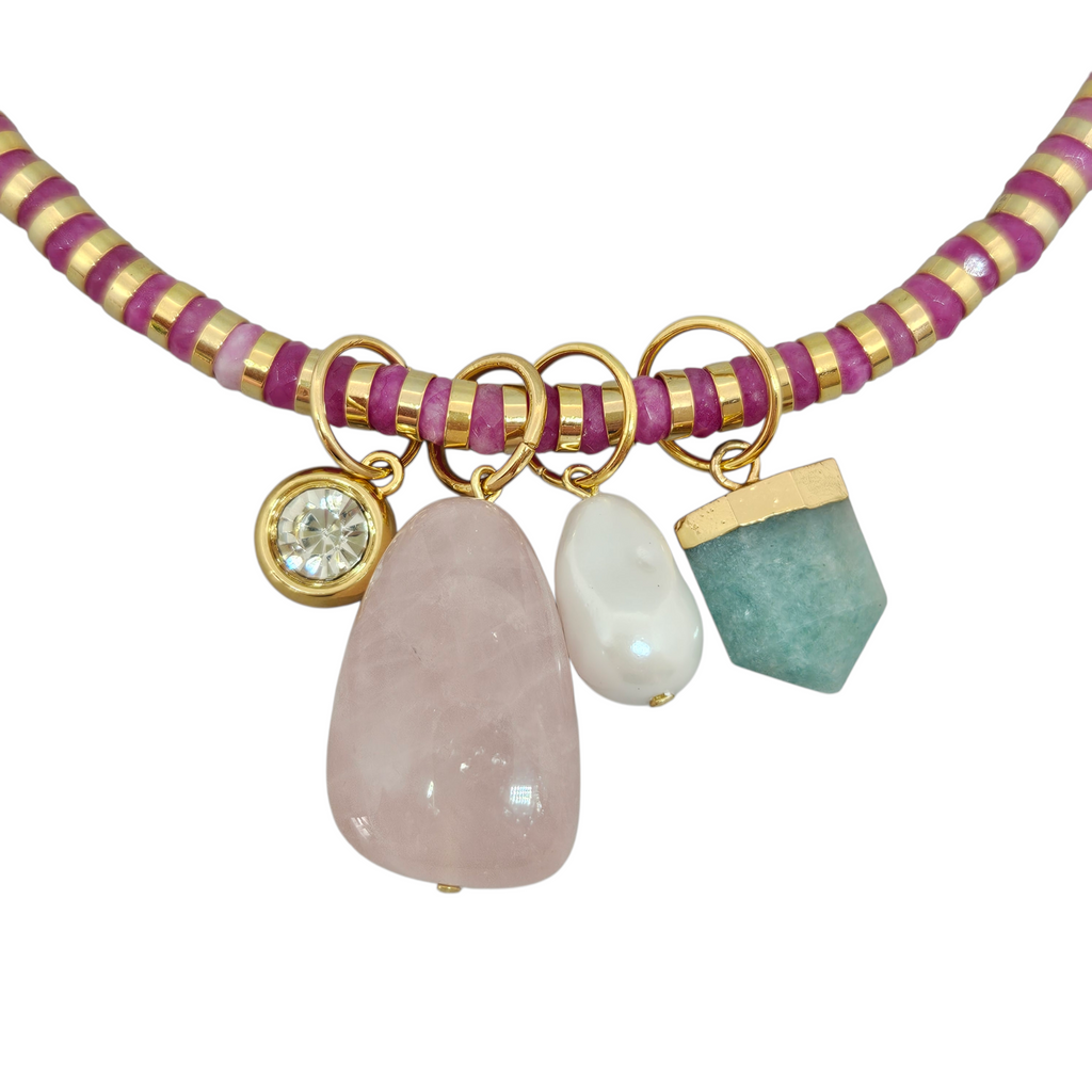 Colar Jade Rosa com Pingentes