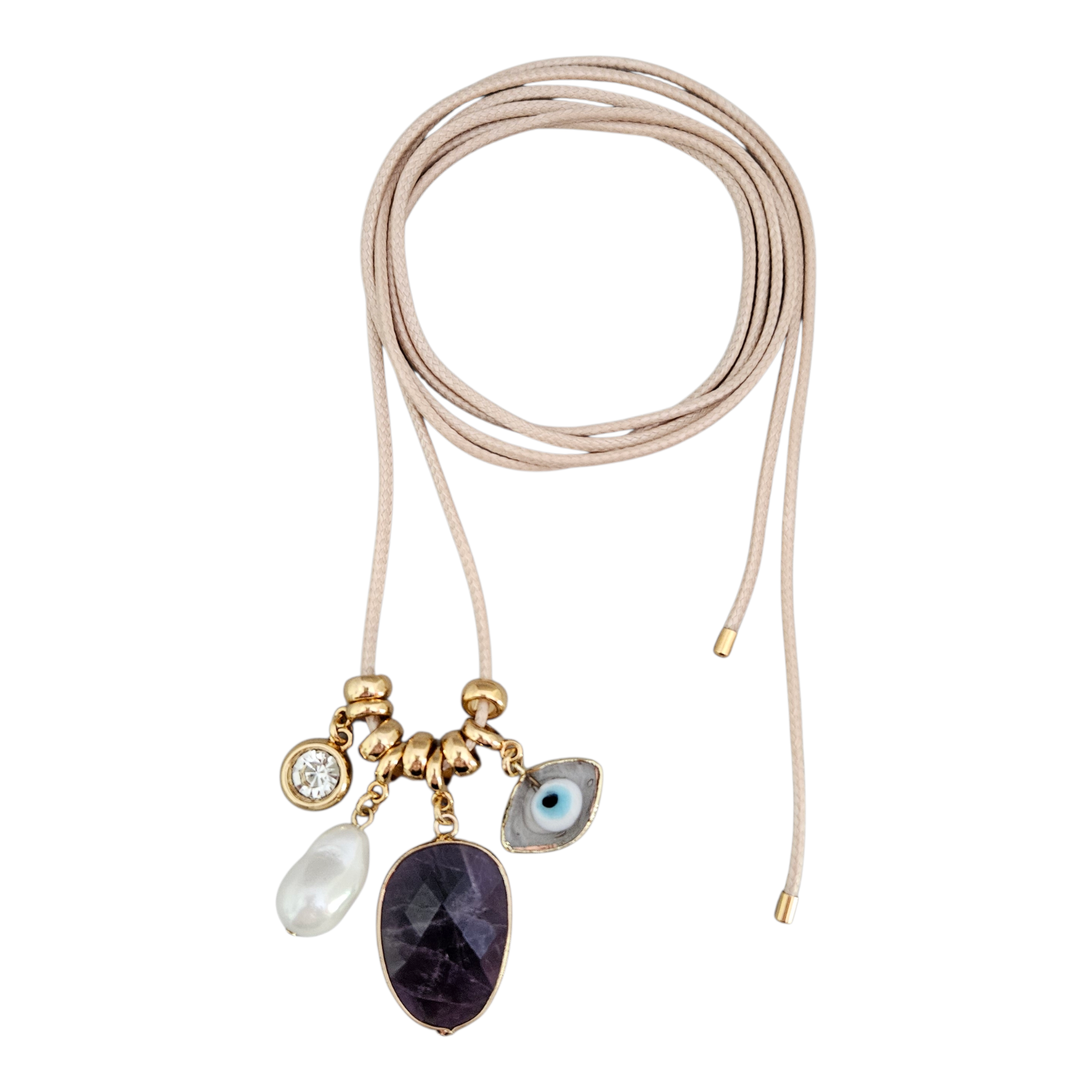 Colar Fio Bege Pingentes Ametista