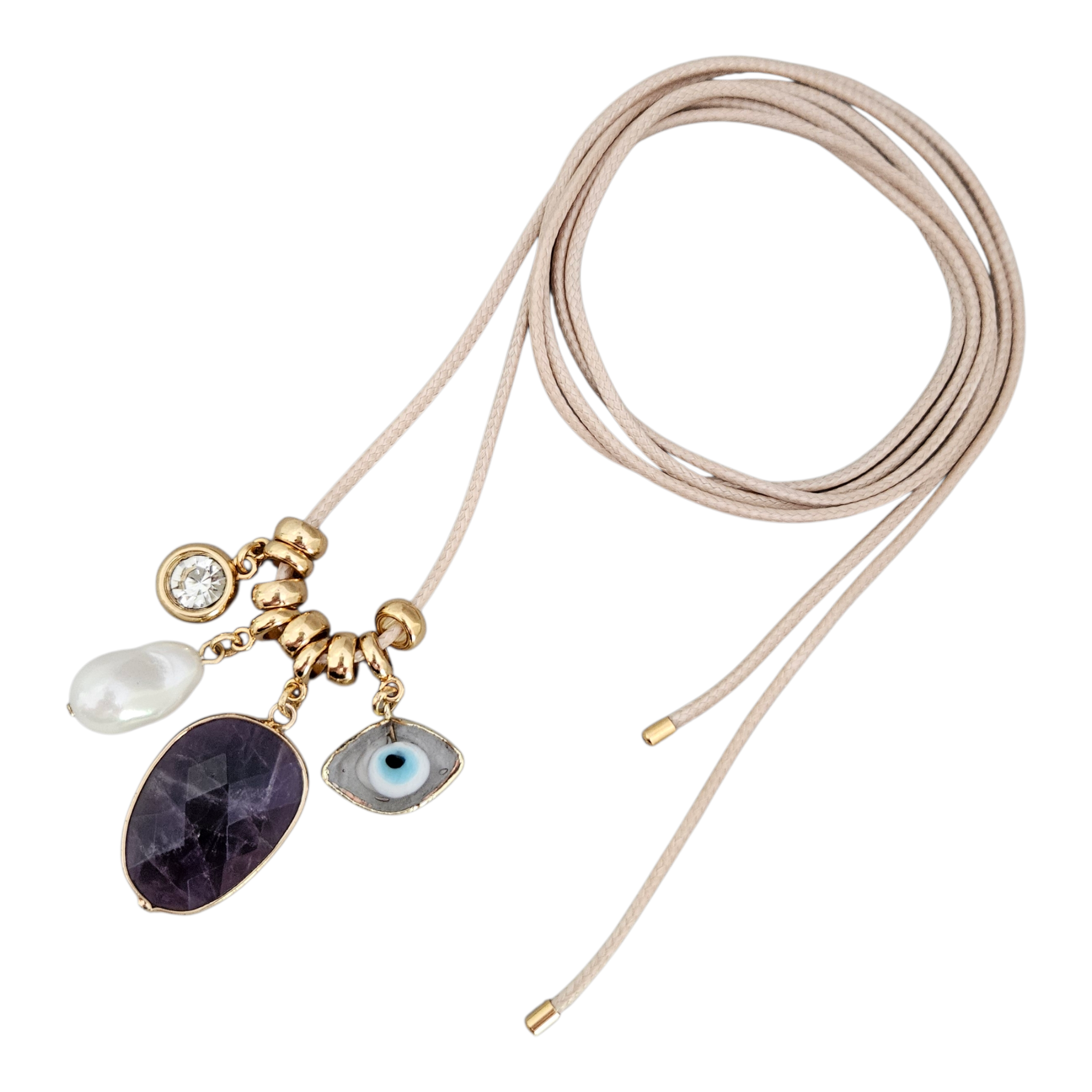 Colar Fio Bege Pingentes Ametista