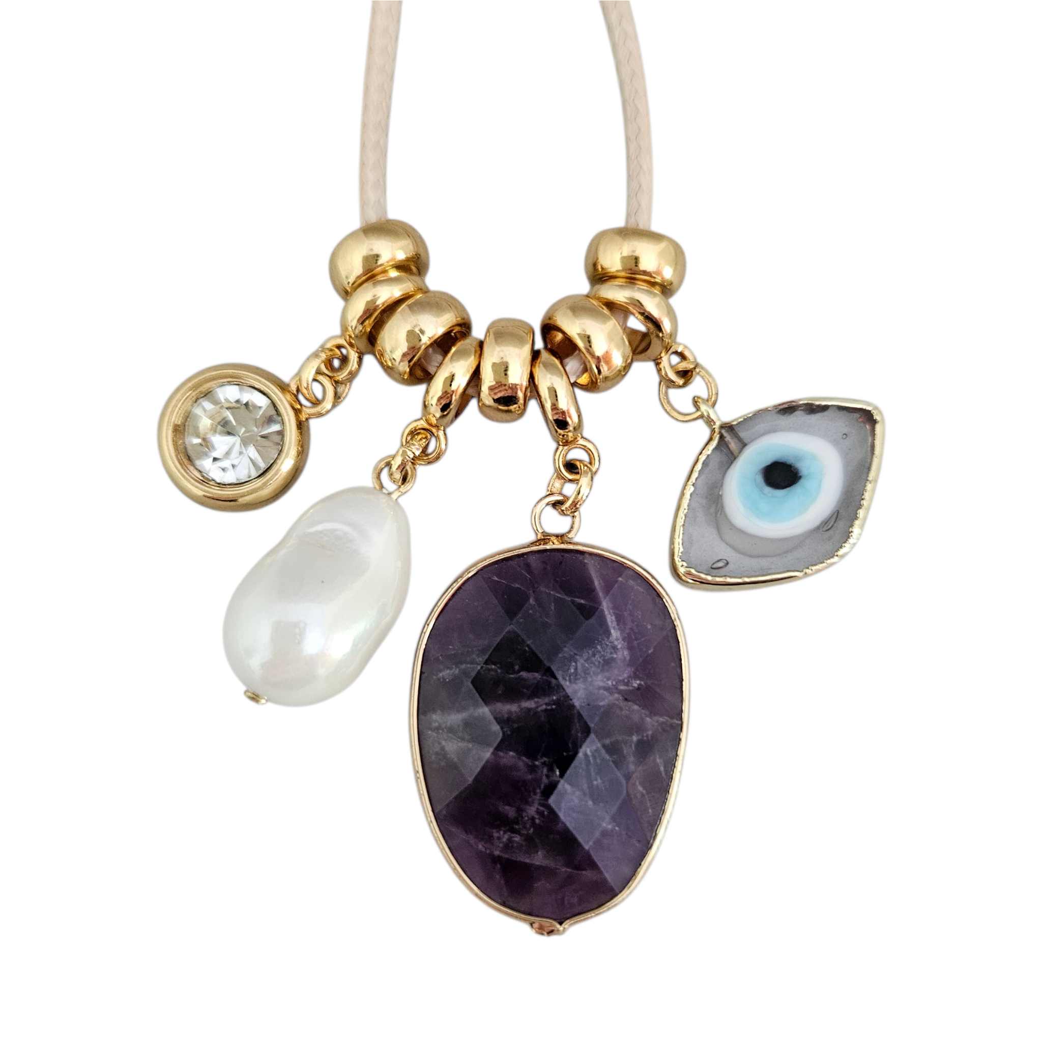 Colar Fio Bege Pingentes Ametista