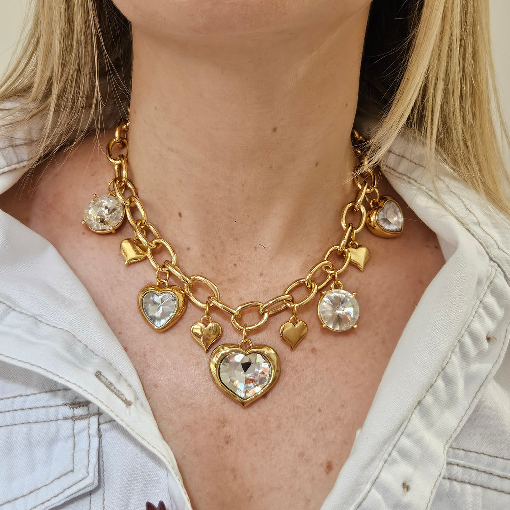 Colar Corações e Cristais Dourado