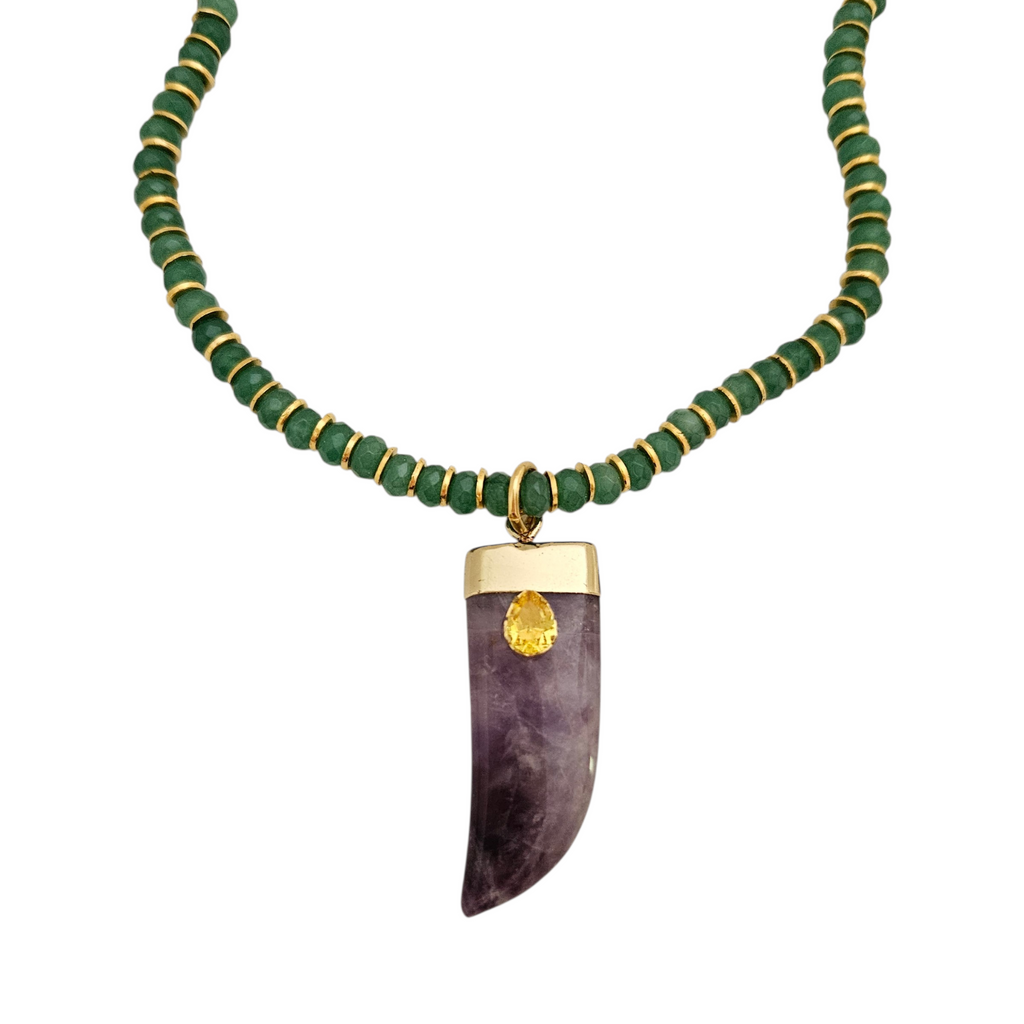 Colar Jade Verde Pingente Dente Roxo