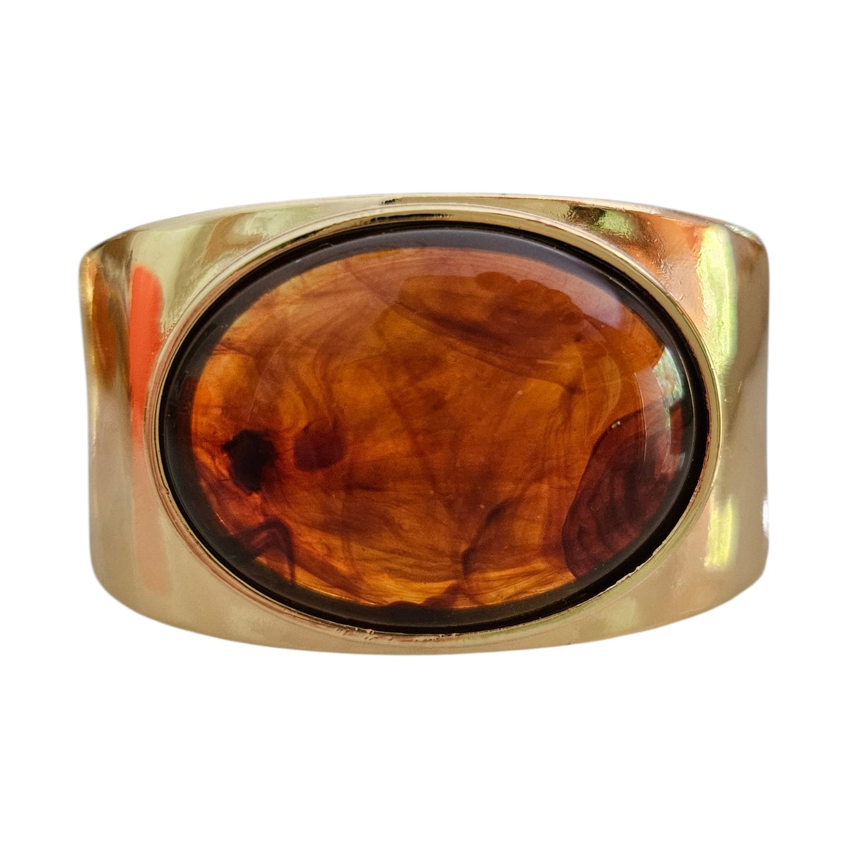 Bracelete Metal Pedra Oval Resina Marrom