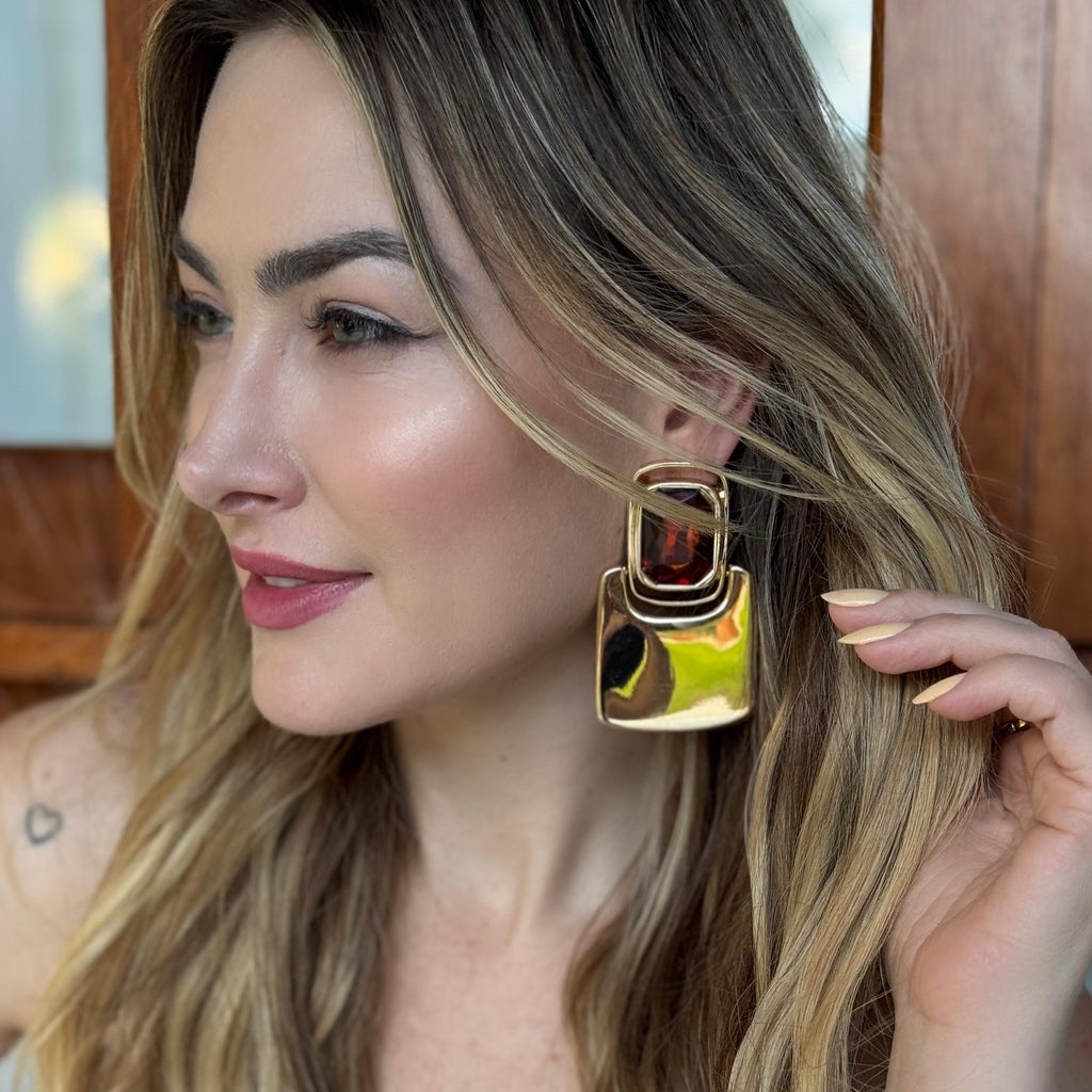 Brinco Geométrico Cristal Âmbar